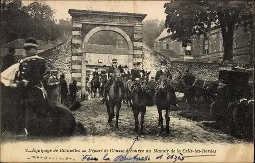 Ak Celle les Bordes Yvelines, Equipage de Bonnelles, Depart de Chasse a courre au Manoir