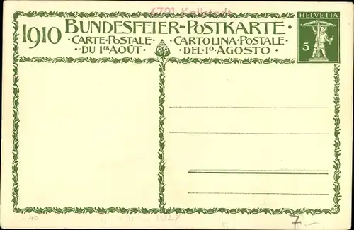 Ganzsachen Ak Schweizer Bundesfeier 1910, Die Wächter der Heimat, Pro Patria, Wilhelm Tell