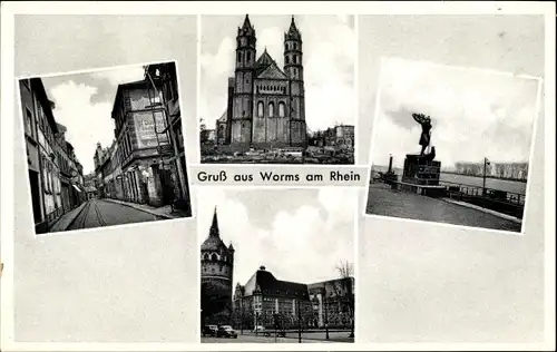 Ak Worms am Rhein, Denkmal, Dom, Turm, Straßenpartie