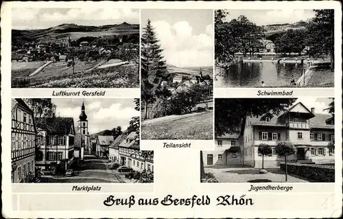 Ak Gersfeld in der Rhön Hessen, Ort, Marktplatz, Schwimmbad, Jugendherberge, Teilansicht
