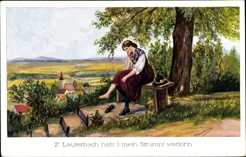 Künstler Ak Lauterbach Hessen, Z' Lauterbach hab' i mein Strumpf verlor'n, Frau in Tracht, Nr. 6668