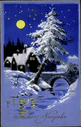 Ak Glückwunsch Neujahr, Winterlandschaft, Ortschaft, Mondschein, Brücke