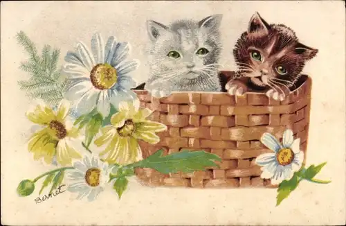 Künstler Ak Banet, Zwei Katzen im Korb, Blumen