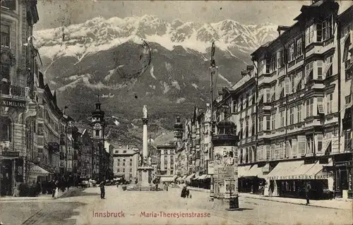 Ak Innsbruck Tirol Österreich, Marie Theresienstraße, Alpenpanorama, Litfaßsäule