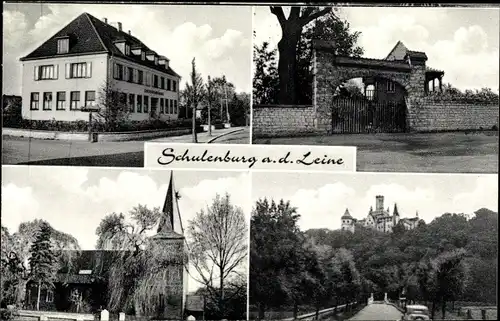 Ak Schulenburg Pattensen an der Leine, Schloss, Kirche, Sparkasse, Tor