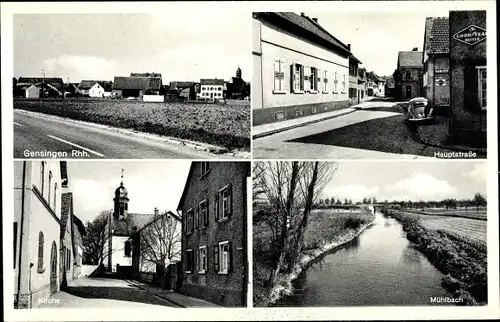 Ak Gensingen in Rheinhessen, Teilansicht, Hauptstraße, Mühlbach, Kirche