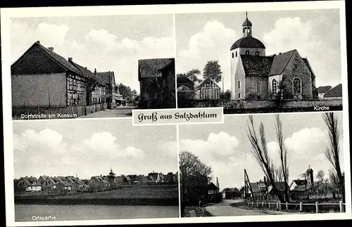 Ak Salzdahlum Wolfenbüttel in Niedersachsen, Kirche, Dorfstraße am Konsum