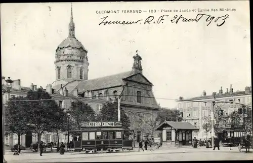 Ak Clermont Ferrand Puy de Dôme, Place de Jaude, Eglise des Minimes, tramway