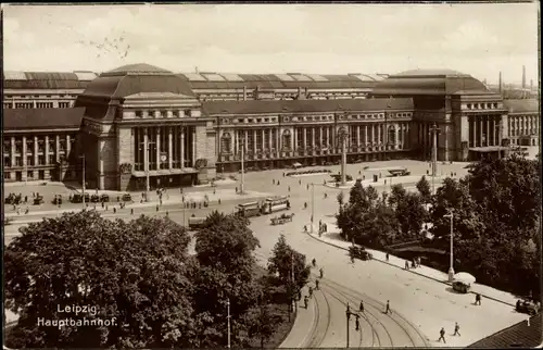 Ak Leipzig Sachsen, Blick auf den Hauptbahnhof, Straßenbahn