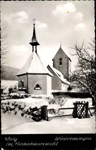 Ak Saig Lenzkirch im Schwarzwald, Kirche im Wintermorgen