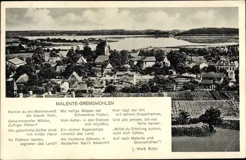 Ak Malente Gremsmühlen in Ostholstein, Gesamtansicht der Ortschaft, Kirche, Gedicht L. Weiß