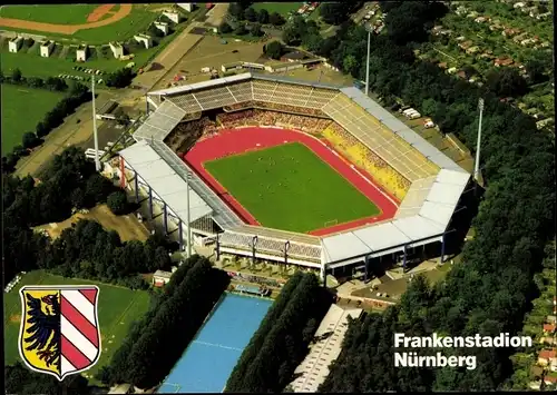 Ak Nürnberg in Mittelfranken Bayern, Frankenstadion, Wappen, Fliegeraufnahme