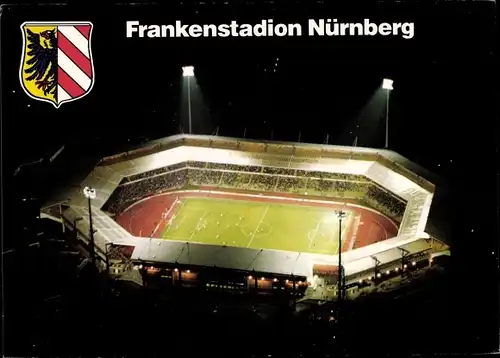 Ak Nürnberg in Mittelfranken Bayern, Frankenstadion, Nachtansicht, Wappen