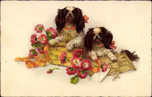 Ak Zwei Hunde in einem Korb mit Blüten