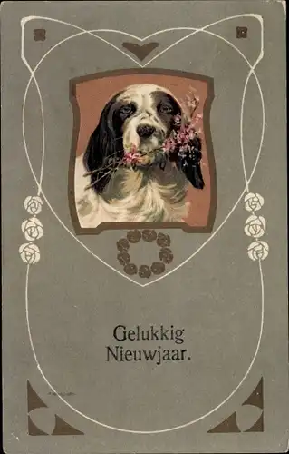 Präge Jugendstil Ak Glückwunsch Neujahr, Hund mit Blütenzweig