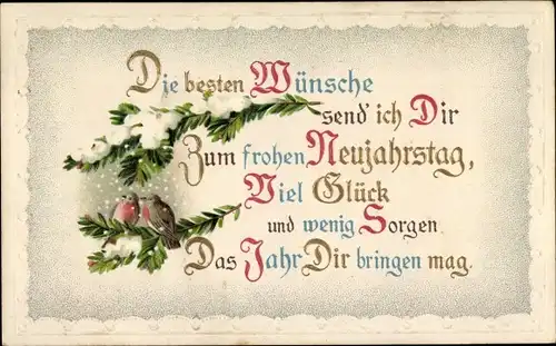 Ak Glückwunsch Neujahr, Zwei Gimpel, Tannenzweige