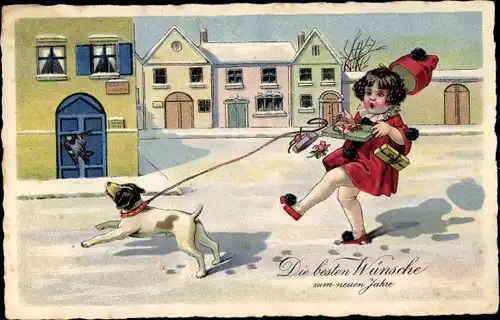 Ak Glückwunsch Neujahr, Mädchen mit Hund und Geschenken, Harlekin