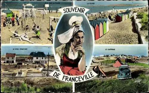 Ak Franceville Calvados, La Plage, Le Camping, Le Golf Miniature, Frau in Tracht