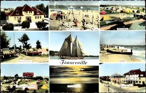 Ak Franceville Calvados, Segelschiff, La Plage, Camping