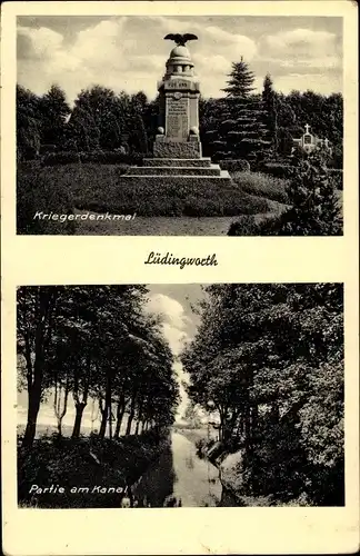 Ak Lüdingworth Cuxhaven in Niedersachsen, Kriegerdenkmal, Kanalpartie