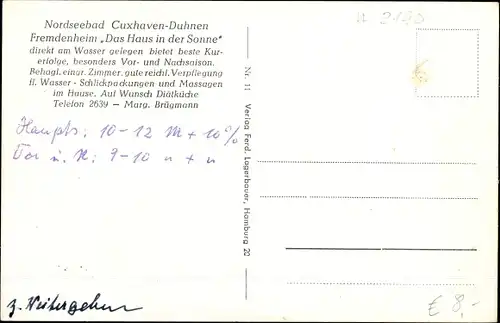 Ak Nordseebad Duhnen Cuxhaven, Fremdenheim Das Haus in der Sonne