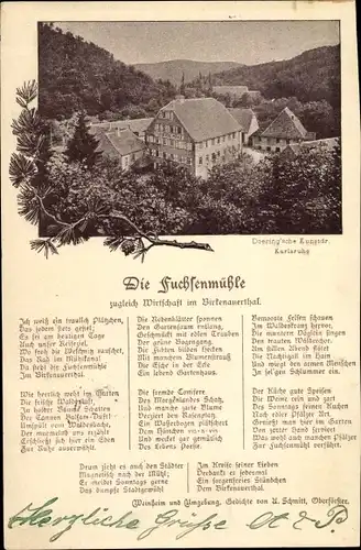 Gedicht Ak Weinheim an der Bergstraße Baden, Die Fuchsenmühle v. Schmitt, Gasthof, Birkenauer Tal