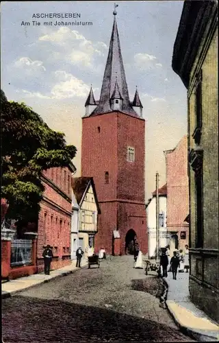 Ak Aschersleben im Salzlandkreis, Am Tie mit Johannisturm