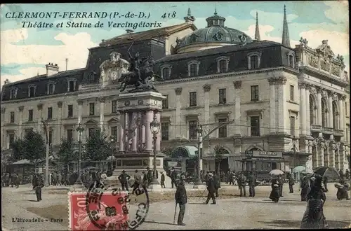 Ak Clermont Ferrand Puy de Dôme, Theatre et Statue de Vercingetorix