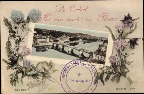 Ak Corbeil Essonne, Le Pont a vol d'Oiseau, Blumen, Vergissmeinnicht
