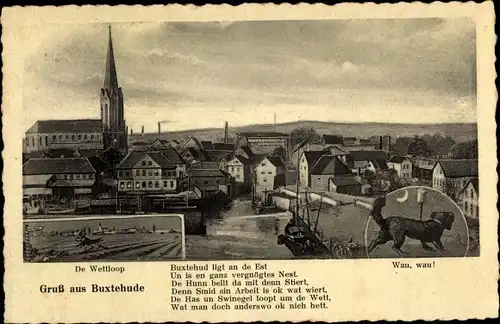 Ak Buxtehude Stade, Wettlop twischen Has und Swinegel up de Heid to Buxtehude, Stadt mit Kirche