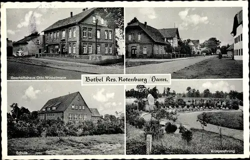 Ak Bothel in Niedersachsen, Kriegerehrung, Straßenpartie, Schule, Geschäftshaus