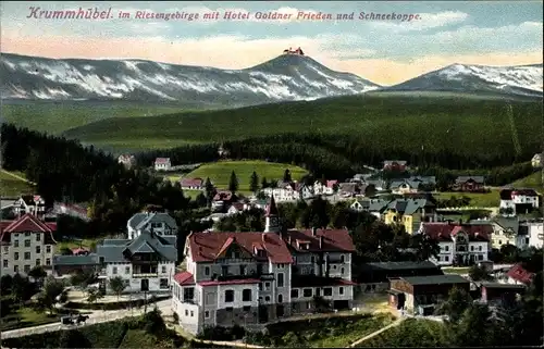 Ak Karpacz Krummhübel im Riesengebirge Schlesien, Hotel Goldner Frieden, Schneekoppe