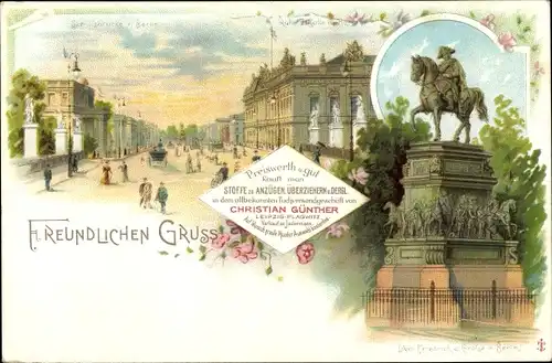 Litho Berlin Mitte, Schlossbrücke, Denkmal Friedrich d. Große, Ruhmeshalle, Christian Günther Stoffe