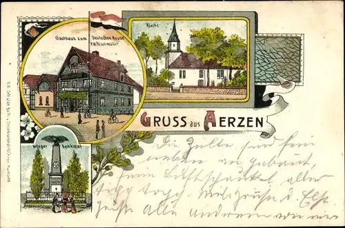 Litho Aerzen im Weserbergland, Gasthaus zum Deutschen Hause, Kirche, Kriegerdenkmal