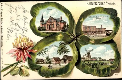 Kleeblatt Litho Kaltenkirchen in Holstein, Kirche, Gasthof Bahnhof, Friedenseiche, Windmühle