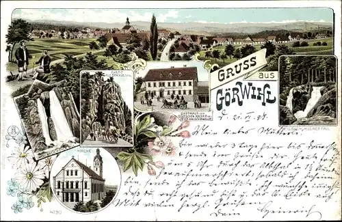 Litho Görwihl in Baden, Gasthaus zum Deutschen Kaiser, Kirche, Wasserfall