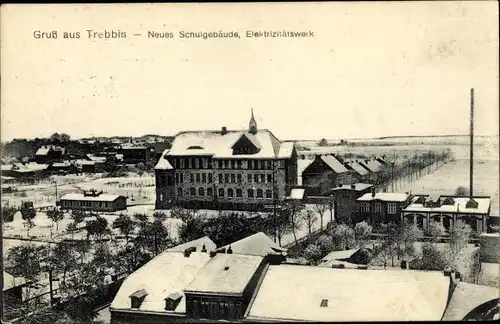 Ak Trebbin in Brandenburg, Neues Schulgebäude, Elektrizitätswerk, Winter
