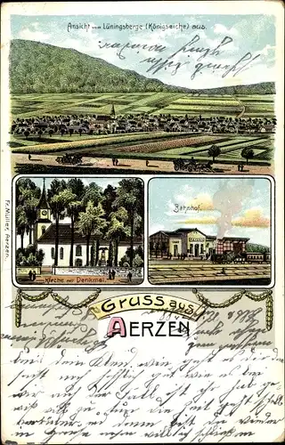 Litho Aerzen im Weserbergland, Panorama vom Lüningsberge aus, Kirche, Denkmal, Bahnhof