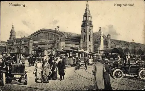 Ak Hamburg, Blick auf den Hauptbahnhof, Straßenbahn, Autos, Passanten