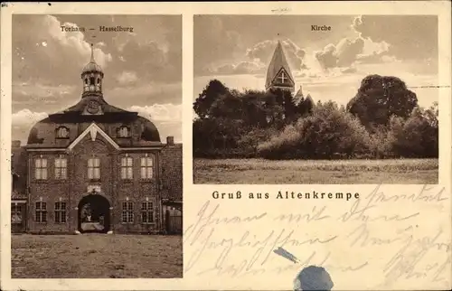 Ak Altenkrempe in Holstein, Torhaus Hasselburg, Kirche