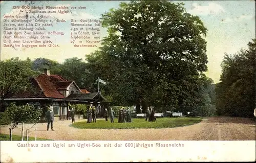 Ak Eutin, Gasthaus zum Uglei, am Uglei See, Straßengabelung mit Passanten