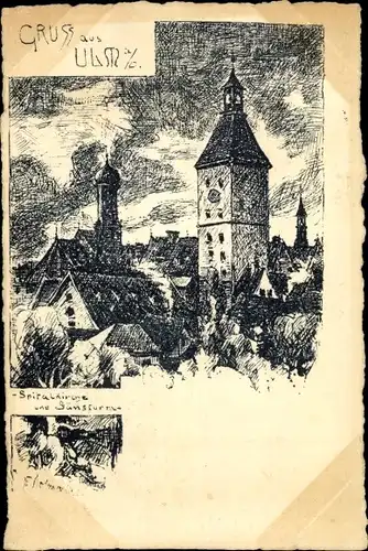 Ak Ulm an der Donau, Spitalkirche, Gänseturm