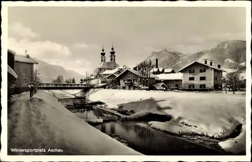 Ak Aschau am Inn Oberbayern, Teilansicht im Winter