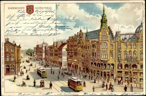 Litho Hannover, Blick in die Georgstraße, Straßenbahnen, J.C. Herhold