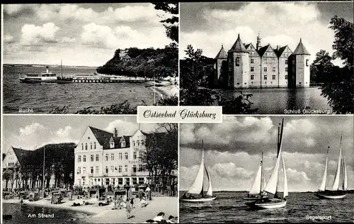 Ak Glücksburg an der Ostsee, Dampfer am Anleger, Schloss, Strand, Segelsport