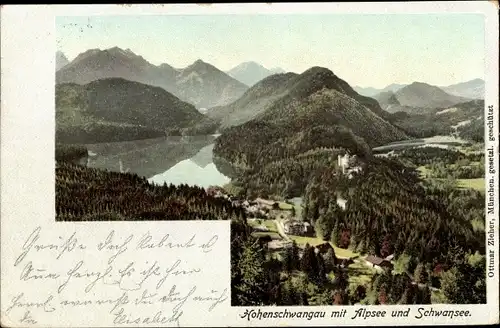 Ak Hohenschwangau Schwangau im Ostallgäu, Alpsee und Schwansee