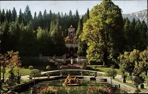 Ak Ettal Oberbayern, Schloss Linderhof, Terrasse mit Venustempel und Königslinde