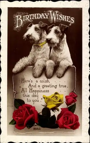 Präge Ak Glückwunsch Geburtstag, Zwei Terrier, Rosen