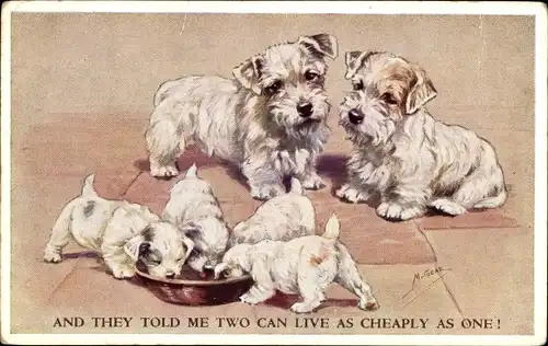 Künstler Ak And they told me two can live as cheaply as one, Terrier, Zwei Hunde mit Welpen
