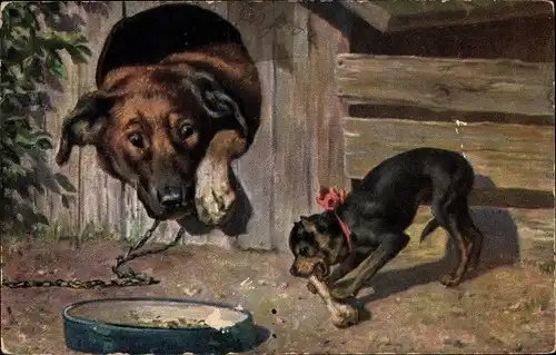 Künstler Ak Hund in Hundehütte, kleiner Hund mit Knochen